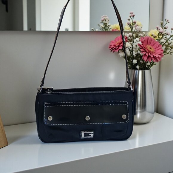 GUESS Vintage Y2K Mini Baguette Black Satin Vegan Patent Leather - Picture 1 of 14